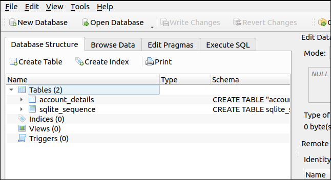 Браузер БД для SQLite, отображающий структуру базы данных