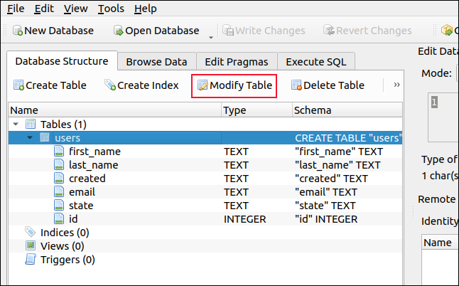 Panoul Structura bazei de date în DB Browser pentru SQLite