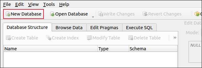 Nouvelle base de données sur la barre d'outils DB Browser pour SQLite