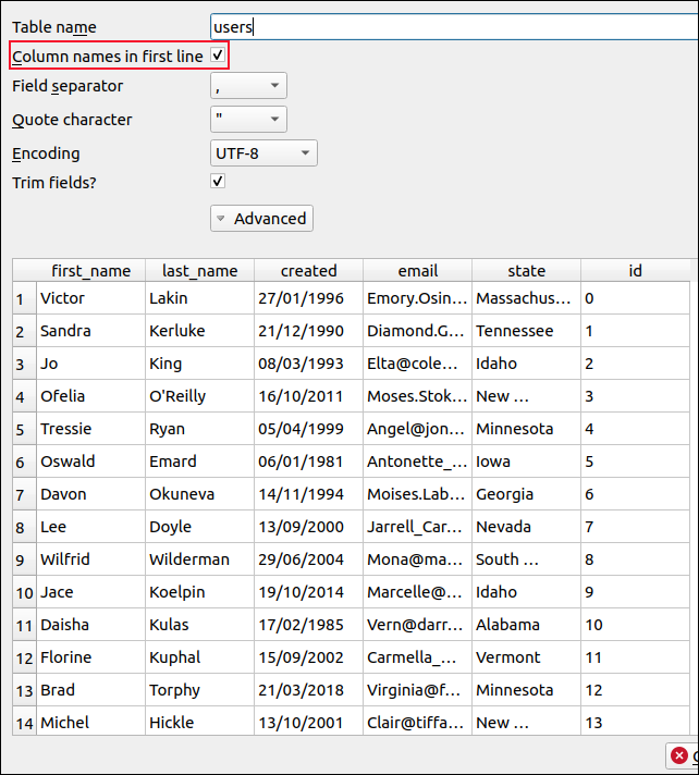 กล่องโต้ตอบการแสดงตัวอย่างข้อมูลที่แสดงข้อมูล CSV