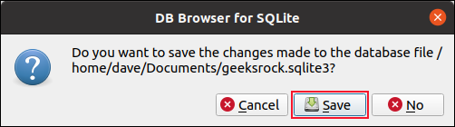 กล่องโต้ตอบบันทึกการยืนยันใน DB Browser สำหรับ SQLite