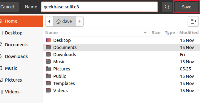 Dialog penyimpanan file dengan "geekbase.sqlite3" dimasukkan sebagai nama file