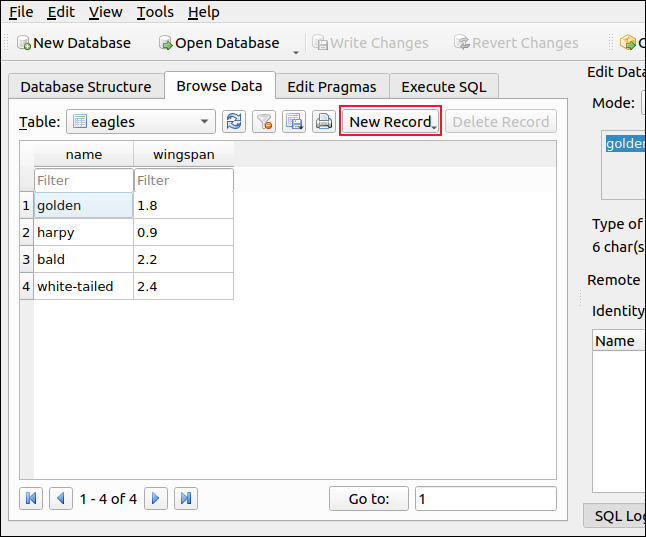 Jelajahi tab Data dengan catatan baru yang terdaftar DB Browser untuk SQLite