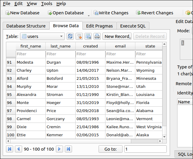 DB Browser forSQLiteのUsersテーブルにインポートされたデータ