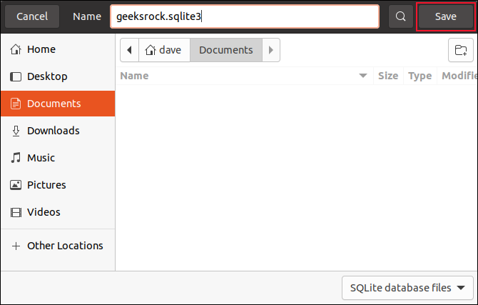 geeksrock.sqlite3という名前のデータベースが入力されたファイル保存ダイアログ