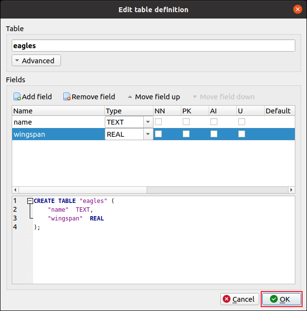 Boîte de dialogue Modifier la définition de table avec deux champs ajoutés à la nouvelle table DB Browser for SQLite