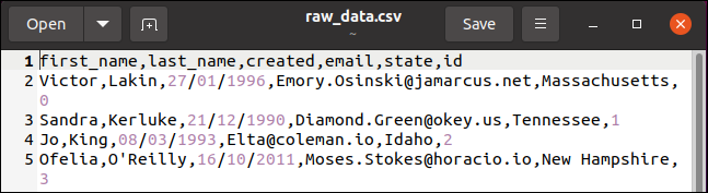 ด้านบนของไฟล์ CSV ที่มีชื่อเขตข้อมูลตารางเป็นแถวแรก