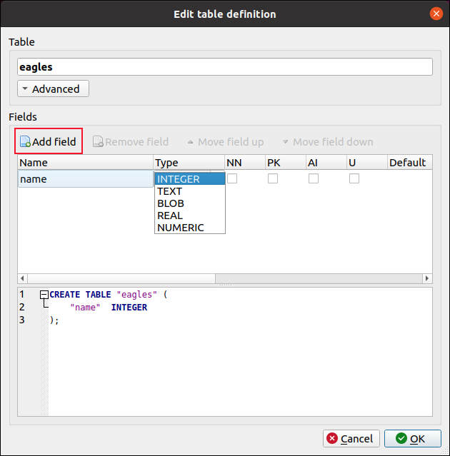 Dialog Editare definiție tabel Browser DB pentru SQLite