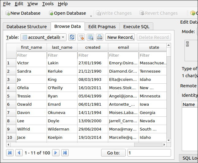 Registros de banco de dados no DB Browser for SQLite