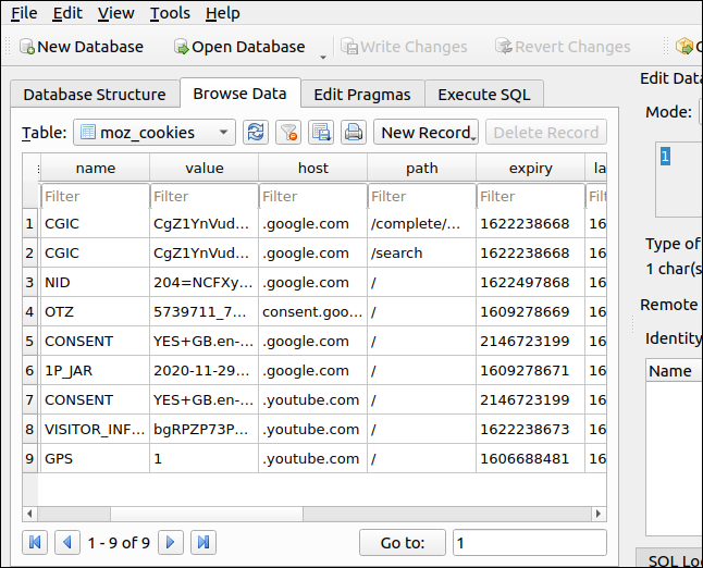 ข้อมูลคุกกี้ภายในฐานข้อมูล Firefox cookies.sqlite DB Browser สำหรับ SQLite