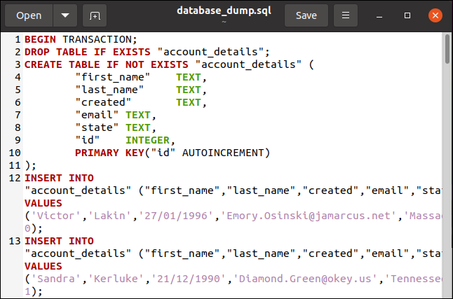 Un fichier de vidage de base de données SQL dans l'éditeur gedit