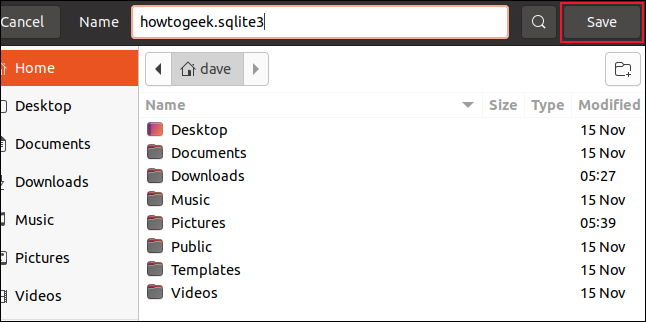 บันทึกกล่องโต้ตอบด้วยชื่อไฟล์ howtogeek.sqlite3 ที่ป้อน