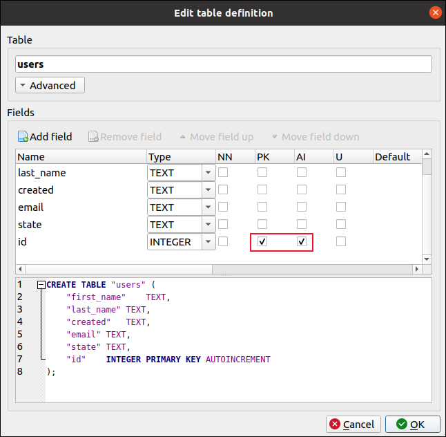 مربع الحوار "تحرير تعريف الجدول" في متصفح DB لـ SQLite