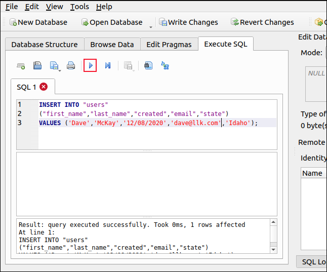 Executar painel SQL no navegador de banco de dados para SQLite