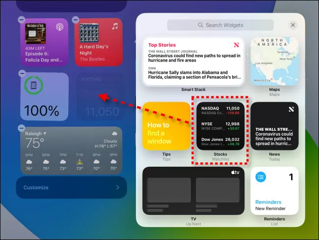 لإضافة عنصر واجهة مستخدم إلى Today View ، انقر عليه واسحبه إلى مكانه على iPadOS 14.