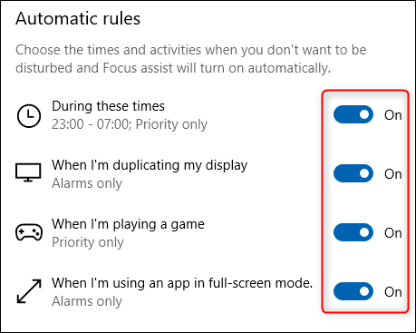 Der Abschnitt "Automatische Regeln" von Focus Assist.