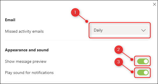 Die Benachrichtigungsoptionen „E-Mail“ und „Darstellung und Ton“.