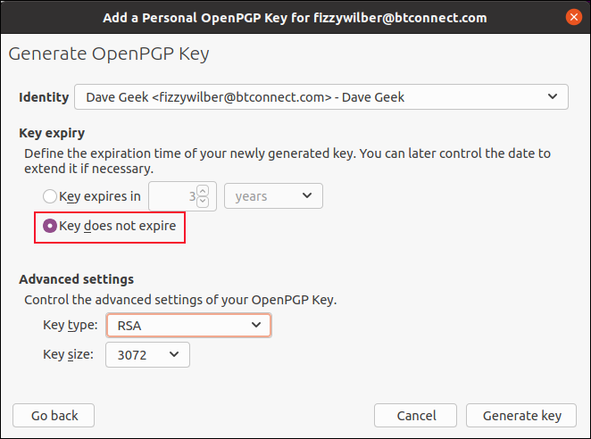 Kotak dialog opsi Generate OpenPGP Key