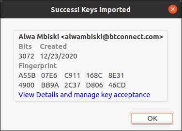 Kotak dialog detail kunci yang diimpor