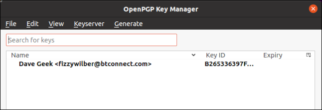 Nouvelle entrée de clé dans le gestionnaire de clés OpenPGP