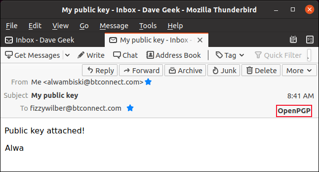 Email dengan kunci publik terlampir, menampilkan tombol OpenPGP