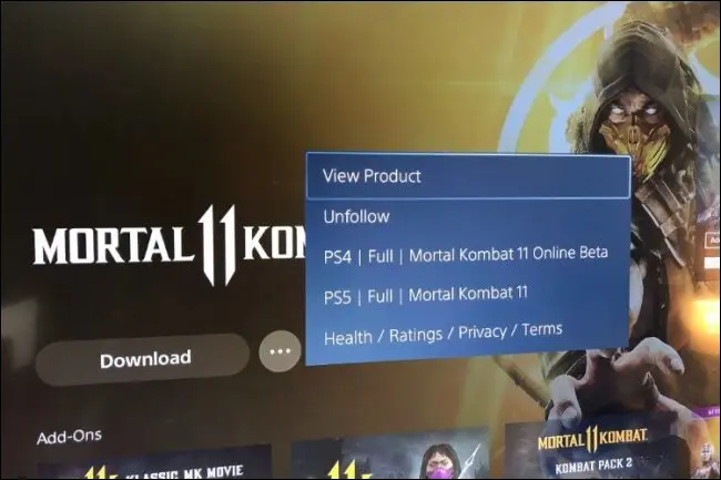 El menú de puntos suspensivos de ps5 enumera las versiones del juego no instaladas