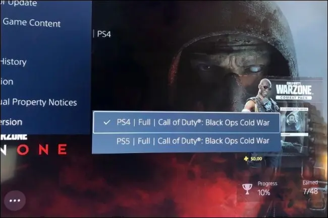 Sous-menu ps5 indiquant la version du jeu actuellement sélectionnée