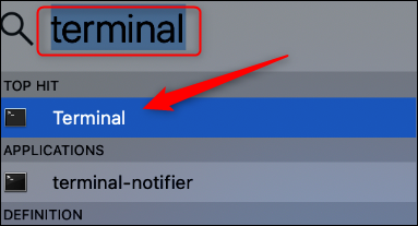 Spotlight aramasında terminal uygulaması