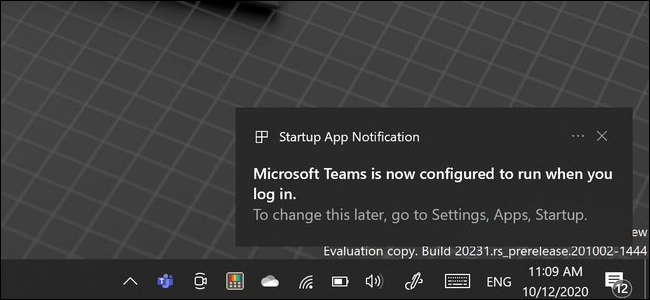 La nuova notifica dell'app di avvio su Windows 10.