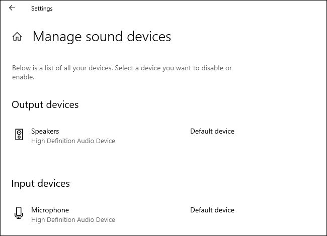 Gestione dei dispositivi audio predefiniti nell'app Impostazioni di Windows 10.