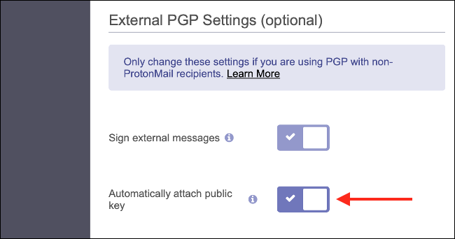 แนบคีย์สาธารณะโดยอัตโนมัติกับข้อความ ProtonMail ขาออก