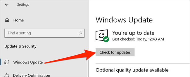 قائمة Windows Update في الإعدادات