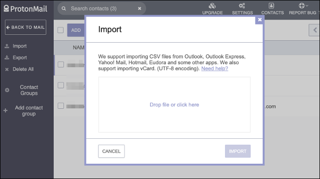 Importar contatos via CSV para o ProtonMail