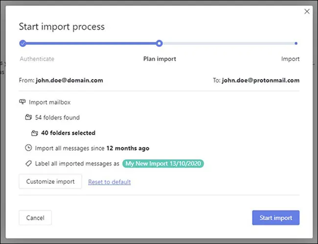 Démarrer le processus d'importation dans ProtonMail