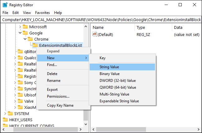 Agregue un nuevo valor de cadena a la subclave ExtensionInstallBlocklist