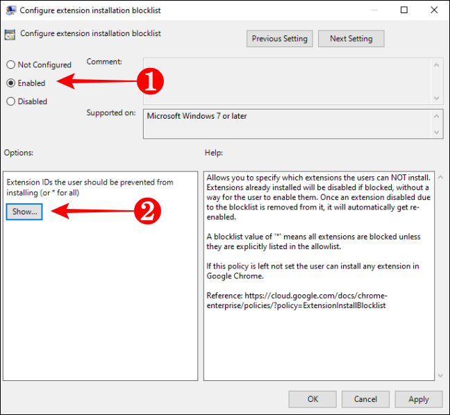 Activer la liste de blocage Configurer l'installation de l'extension