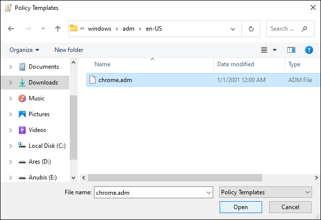 Sélectionnez le fichier Chrome adm à partir du PC