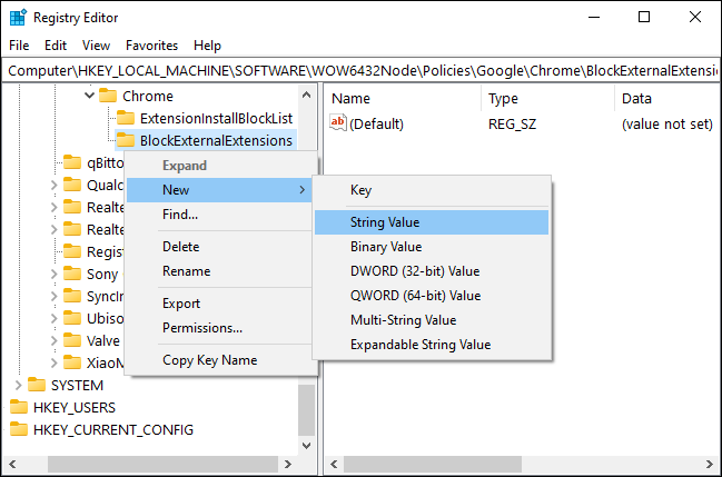 Aggiungi un nuovo valore stringa alla sottochiave BlockExternalExtensions