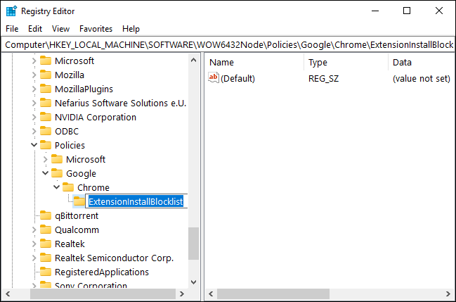 Nombre nueva subclave ExtensionInstallBlocklist