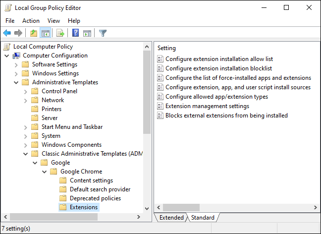 Google Chrome için Uzantılar klasörü, Grup İlkesi Düzenleyicisi