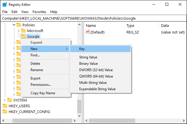 レジストリエディタで新しいChromeサブキーを作成します