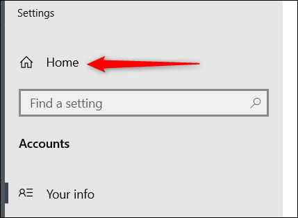 Faceți clic pe „Acasă” în aplicația Setări.