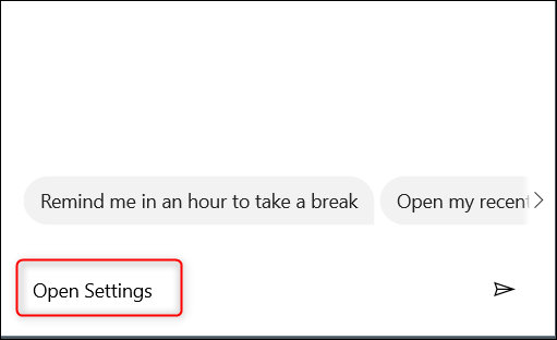 Tastați „Open Settings” în Cortana.