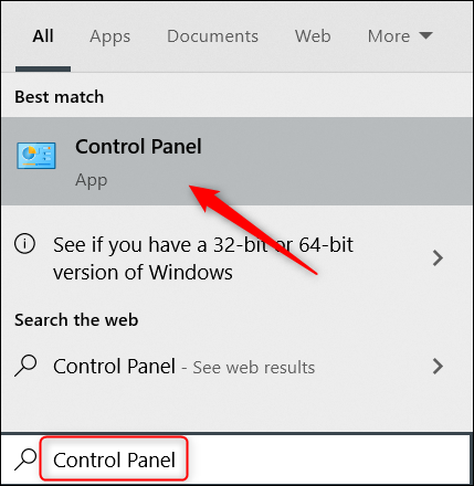 Căutați Panoul de control în Căutare Windows.