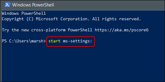 Uruchom „start ms-settings:” w programie Windows PowerShell.