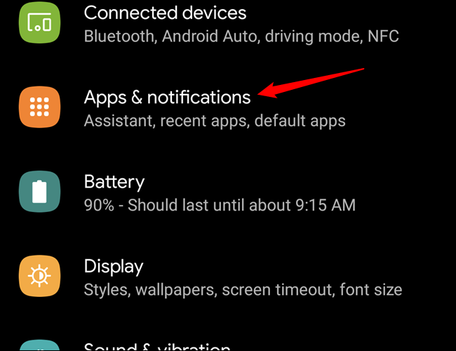 Menu Configurações do Android com a entrada Aplicativos e notificações destacada