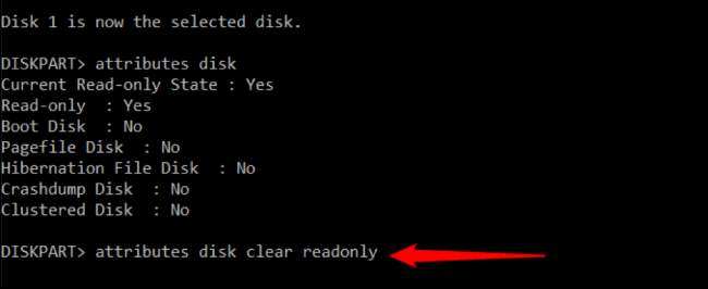 Tastați „atribute disc clear readonly” și apăsați Enter