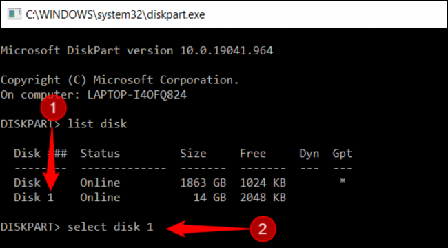 اكتب "select disk [disk number]" أو الجهاز المطلوب تحديده