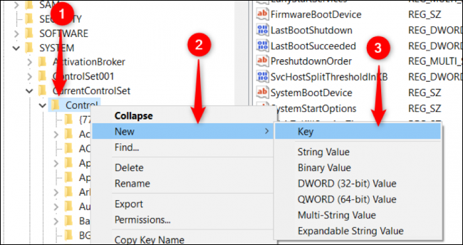 「Control」フォルダを右クリックし、「New」オプションにマウスを合わせて「Key」を押します。
