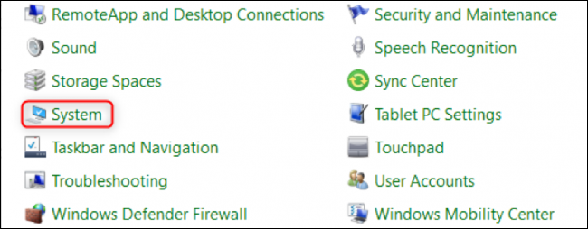 Selectați „Sistem” în Panoul de control